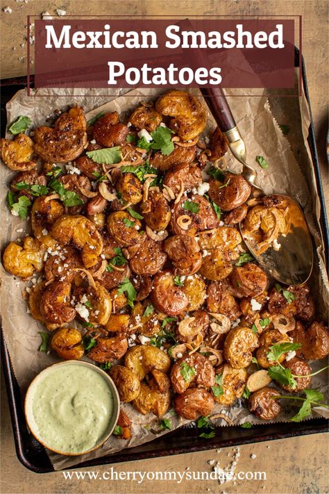 Taco Smashed Potatoes, Potatoes Mexican Style, Thanksgiving Sides Mexican, Mexican Smashed Potatoes, Mexican Cheesy Potatoes, Mexican Potatoes Recipes Side Dishes, Mexican Potatoes Air Fryer, Mexican Potato Recipes, Mexican Style Potatoes