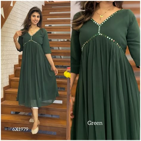 New arrival Faux Georgette plain Aliya cut kurti with glass work *@999* Size : M/L/XL/XXL Length : 47" Lining : yes Front pleated Item code : 6X1979 Aliya Pattern Kurti, New Georgette Kurti Design, Simple Georgette Dress, Aliya Kurti Designs, Siffon Fabric Kurti Design, Kurti Designs Latest Jorjet, Georgette Kurthi Models, Naira Pattern Kurti, Aliya Cut Kurti Designs