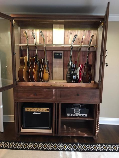 Guitar Furniture Ideas, Guitar Cabinet Diy, Guitar Cupboard, Guitar Storage Ideas, Guitar Organization, Guitar Storage Cabinet, Music Room Office, Ideas Armario, Music Room Design