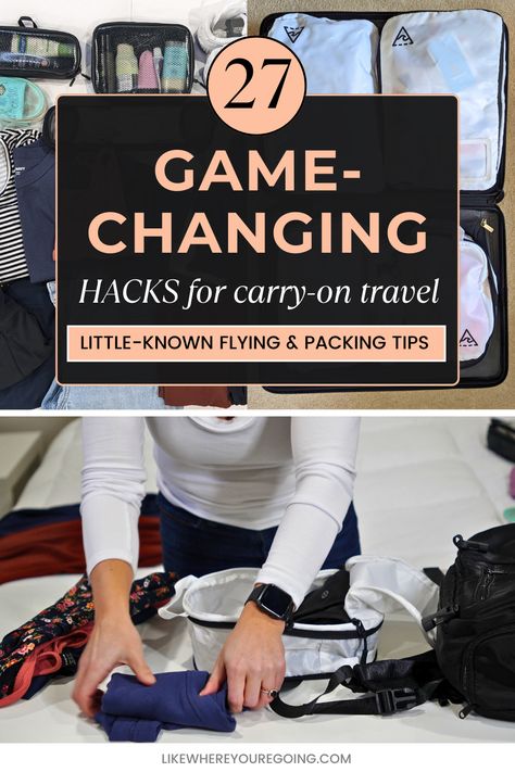 27 Little-Known Carry-on Tips for Flying (+ space saving packing hacks) Smart Packing Tips Carry On Bag, Flying With Carry On Only, Flying Packing Tips, Packing For 8 Days In A Carry On, Carry On Bag Checklist, How To Pack For 4 Days In A Carry On, Flying Tips Carry On, Packing Hacks Carry On, 5 Days In A Carry On