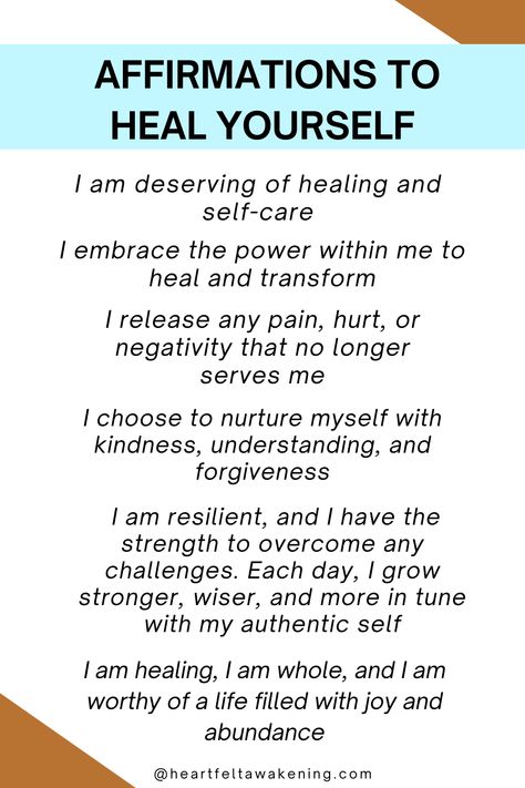 List of affirmation you can make to heal yourself Heal Affirmations, How To Heal Yourself, Nurture Yourself, Tarot Reading Spreads, Insight Timer, Healing Era, Spiritual Ascension, Spirituality Affirmations, Universal Energy