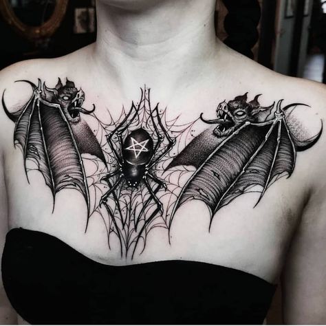 Brust Tattoo Frau, Sternum Tattoos, Gotik Tattoo, Satanic Tattoos, Tato Dada, Throat Tattoo, Goth Tattoo, Chest Tattoos For Women, Chest Piece Tattoos