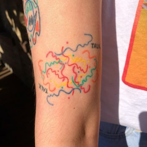 Colorful Handpoke Tattoo, Color Test Tattoo Ideas, Healed Color Tattoo, Color Stick And Poke Tattoo, Tatoo Inspiration, Stick N Poke, Handpoke Tattoo, Stick N Poke Tattoo, Healing Tattoo