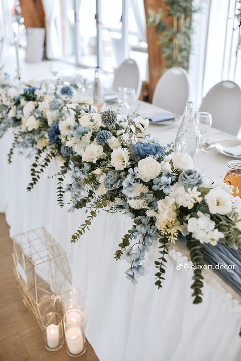 Bride And Groom Table Dusty Blue, Sapphire Wedding Theme Table Settings, Black And Light Blue Wedding Theme, Dusty Blue Wedding Tables, Black And Baby Blue Wedding, Dusty Blue Wedding Theme Centerpieces, Black White And Blue Wedding, Light Blue And Black Wedding, Blue White Wedding Theme