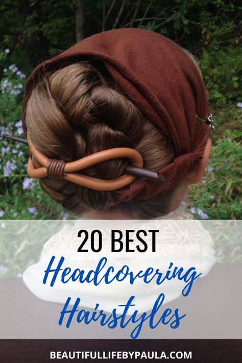 There are so many ways to beautifully and modestly wear your hair up while wearing a head covering! In this post, I share with you some headcovering ideas that are beautiful and feminine, but stay secure all day So no matter if you are Mennonite, Amish, c Hairstyles With Headcoverings, Indian Head Covering, Fantasy Headscarf, Hair Cover Ideas, Hair Covering Ideas, Diy Headcoverings, Orthodox Christian Headcovering, How To Wear A Head Covering, Head Covering Hairstyles