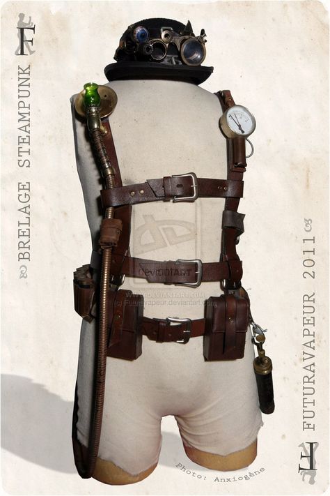 Steampunk Harness by ~Futuravapeur on deviantART Steampunk Belt Bag, Mad Max Costume, Steampunk Armor, Harness Outfit, Fantasy Armour, Larp Props, Steampunk Lamp, Steampunk Accessories, Steampunk Costume