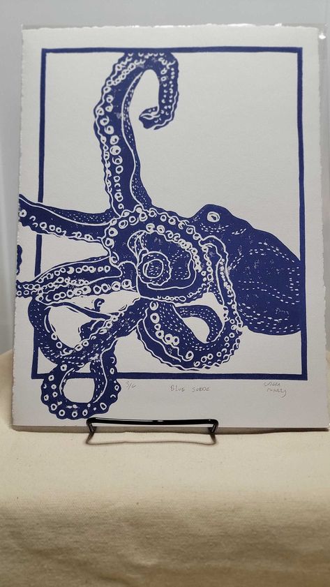 Hand printed linoleum block print, original art, limited edition, Octopus Ink Block Art, Octopus Japanese Art, Art Nouveau Octopus, Octopus Lino Print, Linoleum Stamp Ideas, Ocean Printmaking, Prints Linoleum, Linoleum Print Ideas, Linocut Prints Ideas