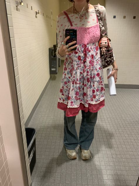 Spring Maximalist Outfits, Dress Over Jeans 2000s, Cluttered Outfit, Dress Layering Outfit, Dress Over Jeans Outfit, Maximalism Outfit, Ugly Outfit, Layering Dresses, Layered Clothes