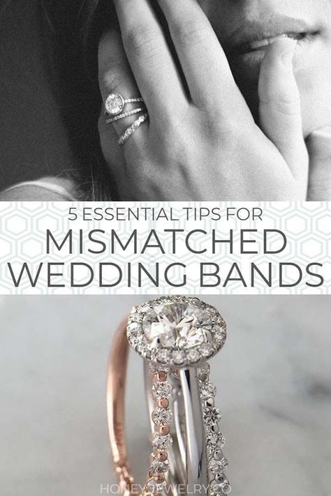 Mismatched wedding bands and how to wear them. This quick guide gives you tips for wearing mismatched wedding rings with an engagement ring. Mismatched Wedding Bands With Engagement Ring, Mismatched Wedding Ring Set, How To Wear Wedding Rings Set, Mismatched Wedding Bands, Metal Wedding Rings, Mismatched Wedding, Mixed Metal Wedding Rings, Yellow Wedding Ideas, Honey Jewelry