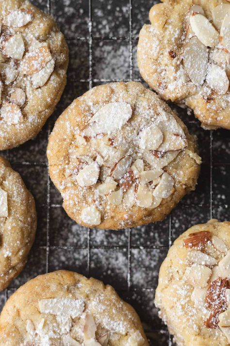 Almond Croissant Cookies - Fooduzzi Vegan Almond Croissant, Almond Croissant Bars, Almond Croissant Cookies, Soft Chewy Sugar Cookies, Croissant Cookie, Almond Croissants, Desserts Cookies, Oat Smoothie, Almond Croissant