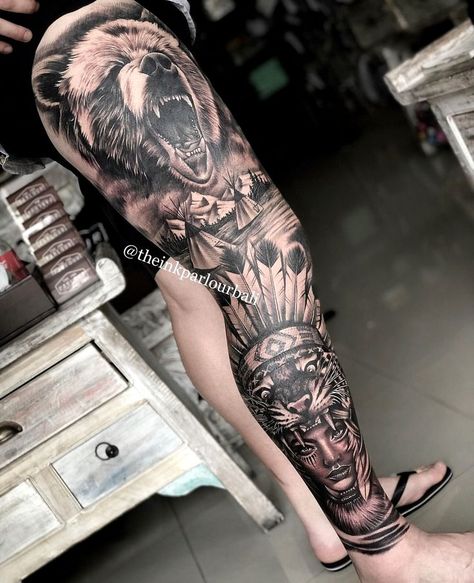 Calf Sleeve Tattoo, Indian Skull Tattoos, Indian Tattoo Design, Best Leg Tattoos, Animal Sleeve Tattoo, American Indian Tattoos, Full Leg Tattoos, Native American Tattoos, Native Tattoos