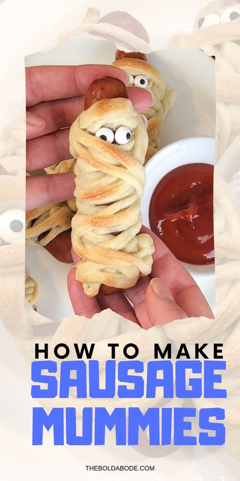 This super easy to make recipe will delight at your next Halloween event, or make them for your family! All it takes is some pizza dough, sausages and candy eyes! #halloween #halloweentreats #halloweensnacks #halloweenparty #halloweenrecipes #halloweenideas #halloweenrecipeideas Halloween Sausage Mummies, Halloween Sausage, Sausage Mummies, Bday Snacks, Mummy Recipes, Halloween Breakfast, Fun Halloween Treats, Halloween Treats Easy, Halloween Appetizers