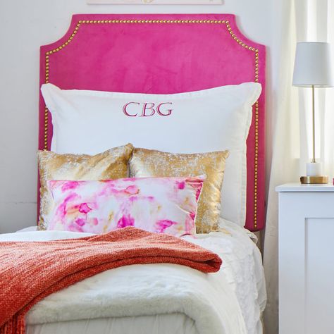 Our dorm bed headboard works with any twin dorm bed that isn't built in! This cute addition to your bed is a dorm room essential. Our sturdy headboards are also available in full/queen. Headboard Pillows, Dorm Room Headboards, Sorority Room, Dorm Headboard, Pink Dorm Rooms, Pink Headboard, Dorm Bed, Dorm Room Styles, Pink Dorm