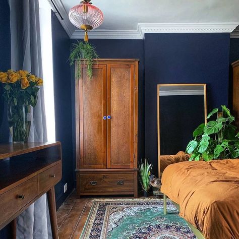 Little Greene on Instagram: “'Dock Blue' has a deep indigo hue, a generous and indulgent colour which creates warmth in a bedroom scheme.  Image: @_soha_ayoub_” Dark Blue Bedroom Walls, Dark Blue Bedrooms, Blue Bedroom Walls, Bold Bedroom, Blue Bedroom Decor, Bedroom Wall Colors, Blue Rooms, Bedroom Green, Bedroom Paint