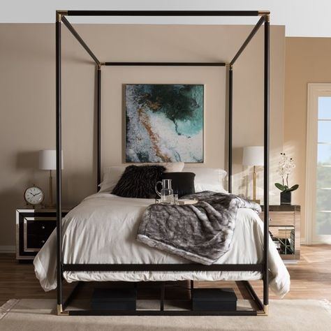 Setting the tone of the entire aesthetic of your bedroom with this matte dark bronze finishing canopy queen bed frame. Constructed of the tubular metal frame, the Maria is powder-coated and accented with glam brass-tone tips at the corners as a modern and luxury touch. The box frame floats in an airy space, providing substantial storage space for your bedroom clusters under the bed base. Four metal bars and metal legs supporting the bed base sturdily. To complete the bed frame, you will need ... Canopy Queen Bed, Black Canopy Beds, Black Canopy Bed, Modern Canopy Bed, Queen Canopy Bed, Metal Canopy Bed, Studio Bed, Canopy Bed Frame, Regal Design