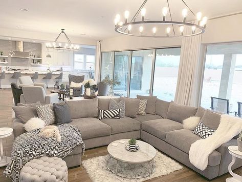 Sectional For Large Living Room, Elegant Sectional Sofa, Comfy Elegant Living Room, How To Place A Sectional In A Room, Living Room With Gray Flooring, Timeless Living Room Decor Style, Grey Couch Living Room Ideas Farmhouse, Family Rooms With Sectionals, Family Living Room Ideas Modern