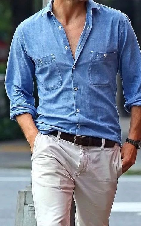 Chambray Shirt Outfit, Chambray Shirt Outfits, Denim Outfit Men, Shirt Outfit Men, Rolled Up Sleeves, Mens Clothing Store, Chambray Shirt, Everyday Dresses, Denim Outfit