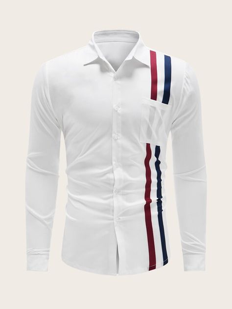 Free Returns ✓ Free Shipping On Orders $49+ ✓. Men Stripe Print Pocket Front Shirt- Men Shirts at SHEIN. Gents Shirt Design, Moda Peru, Gents Shirts, African Wear Styles For Men, Latest African Men Fashion, African Dresses Men, African Shirts For Men, African Shirts, Men Stylish Dress