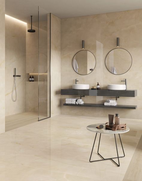 Marvel Onyx surfaces by Atlas Concorde | Dezeen Showroom Onyx Bathroom, Marvel Stone, Atlas Concorde, Onyx Marble, Italian Ceramics, Marble Effect, Onyx Stone, Wash Basin, Interior Spaces