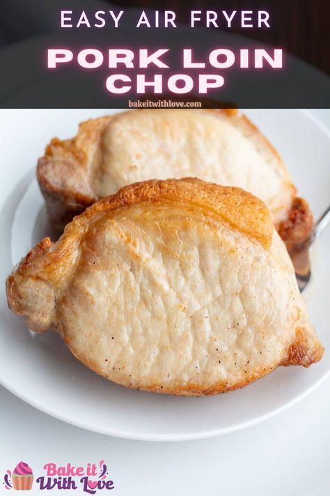 Juicy air fryer pork loin chops served on white plate with wooden background. Air Fry Pork Loin Chops, Pork Loin Chops In Air Fryer, Pork Loin Chops Recipes Boneless Air Fryer, Boneless Pork Loin Chops Air Fryer, Pork Loin Centre Chops Recipe, Air Fryer Pork Loin, Quick Meatloaf, Quick Meatloaf Recipes, Pork Loin Chops Recipes