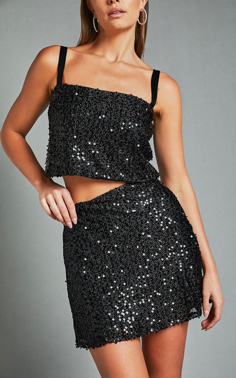 Valletta Two Piece Set - Sequin Square Neck and A Line Mini Skirt in Black | Showpo USA Set Outfit Two Pieces, Cocktails With Friends, Mini Skirt Party, Short Black Skirt, Basic Black Dress, Neon Outfits, Spring Maxi Dress, Bachelorette Dress, Navy Bridesmaid Dresses