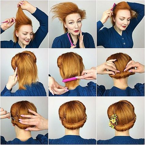 How to get a 1940's hairstyle, back roll hairstyle in a few easy and simple steps. Vintage Hairstyle Inspiration #1940s #1940shair #vintagehairstyle #hairstyle #hair  Check out some of the pins on our profile, we'd love to get your feedback! We've got a flash discount running for 70% off! ❤️ Cabelo Pin Up, 40s Hairstyles, Vintage Updo, 1940s Hairstyles, Roll Hairstyle, Rockabilly Hair, Pin Up Hair, Penteado Cabelo Curto, Retro Hairstyles