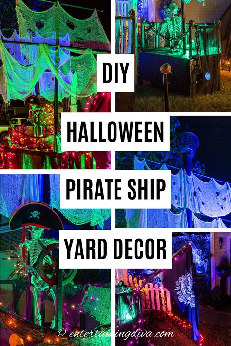 DIY Pirate Ship Halloween Decor Halloween Pirate Ship Decorations, Diy Pirate Party Ideas, Pirate Decorations Halloween, Outdoor Pirate Halloween Decorations, Diy Pirate Trunk Or Treat, Easy Pirate Decorations, Pirate Halloween Yard Display, Ocean Themed Halloween Decorations, Skeleton Pirate Halloween Decorations