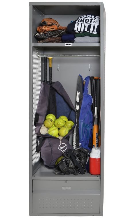 Have a baseball player at your house? Our Baseball Lockers can help organize all of their gear and get them ready for their next big game. #blogpost #lockers #sportslockers #baseballlockers #baseball #storage #organization Baseball Equipment Organization, Garage Sports Lockers, Baseball Bag Storage Garage, Garage Baseball Organization, Baseball Storage Ideas Sports Equipment, Baseball Organization Ideas, Baseball Equipment Storage, Baseball Storage Ideas, Baseball Gear Storage