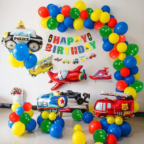 Boys Birthday Decoration Car Transport Balloon Garland Kit Happy Birthday Banner   Construction Birthday Party Supp About this item Construction Birthday Party Supplies Includes: 6pcs foil balloons: 1*31.5”plane balloon, 1*30”train balloon, 1*26.5”police balloon, 1*14.5”school bus balloon, 1*12.5”fire truck balloon, 1*13”yacht balloon; 40pcs latex balloons: 10*12”red balloons, 10*12”green balloons, 10*12”yellow balloons, 10*12”blue balloons; 1*vehicle theme “happy birthday”set banner, cake inser Bus Sekolah, Birthday Balloon Surprise, Construction Party Decorations, Transportation Birthday Party, Tractor Birthday Party, Boys Birthday Party Decorations, Transport Vehicles, Transportation Birthday, Boy Birthday Decorations