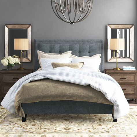 Gray Wood Bedroom Furniture, Gray Tufted Headboard Bedroom, Gray Headboard Bedroom Decor, Grey Upholstered Headboard, Grey Tufted Headboard, Gray Tufted Headboard, Tufted Headboard Bedroom, Grey Platform Bed, Olive Green Bedrooms