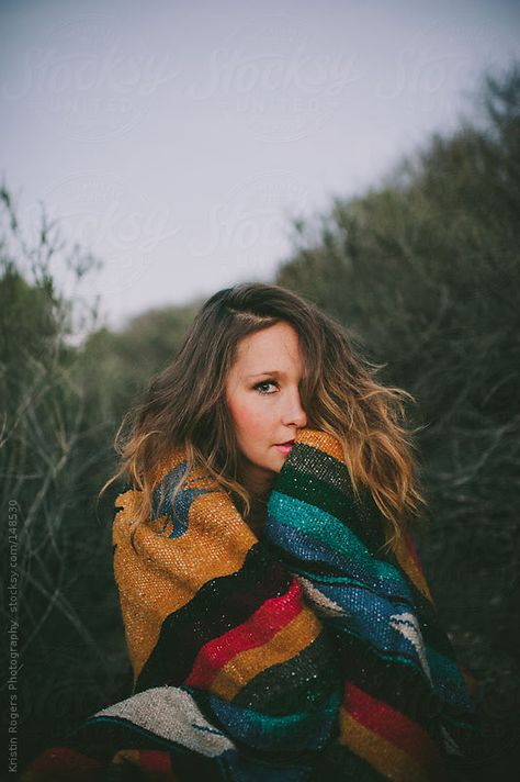 Pretty woman wrapped up in blanket at dusk by Kristin Rogers Photography #stocksy #realstock Cold Photoshoot Ideas, Blanket Photography Ideas, Photoshoot With Blanket, Blanket Photoshoot Ideas, Blanket Poses, Cold Photoshoot, Blanket Photoshoot, Moon Portrait, Wrapped In Blanket