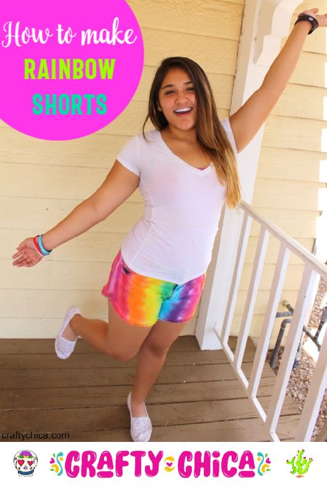 How to make rainbow shorts using tie-dye from the craft store. #craftychica #rainbowcraft #tiedye #rainbowshorts Diy Tie Dye Shorts, Christmas Vinyl Projects, Rainbow Shorts, Craft Room Organization Diy, Diy Tie Dye, Crafting Party, Small Craft Rooms, Easy Crafts To Sell, Construction Paper Crafts