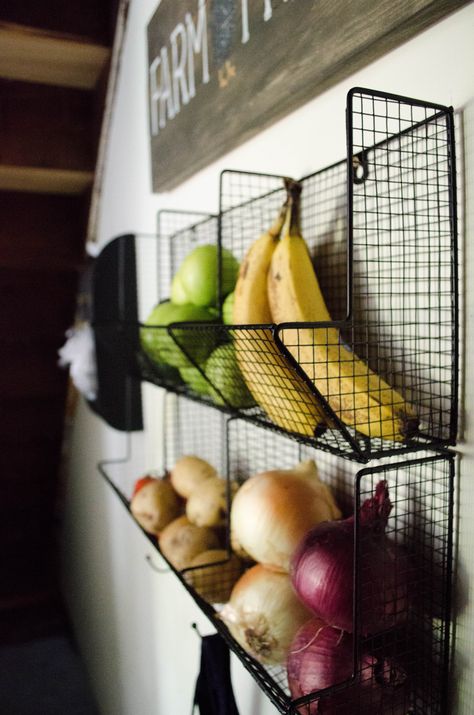 Farmhouse Pantry Produce Wall Storage - Smiedendipity Pantry Redo, Onion Storage, Pantry Baskets, Kitchen Wall Storage, Produce Storage, Kitchen Furniture Storage, Farmhouse Pantry, Pantry Wall, Farmhouse Room