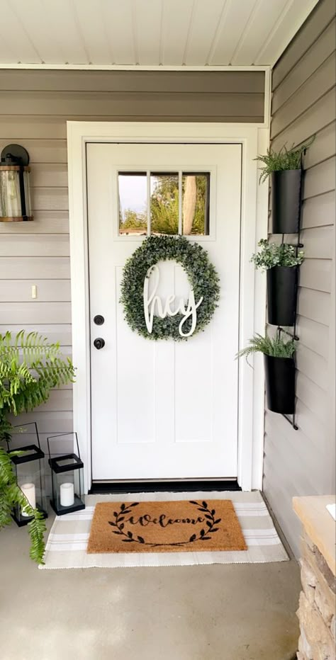 Front Door In Corner Of Porch, Front Door Decor Small Porch, Front Door Decor With Bench, Off Center Front Door Porch Decor, Front Door Entrance Apartment, Entryway Ideas Front Door, Exterior Front Door Decor Ideas, One Side Porch Decor, Front Door Ideas Small Space