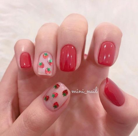 Nail Art Strawberry, Strawberry Nail, Korean Nail, Korean Nail Art, Korean Nails, Kawaii Nails, Pink Nail, Beauty Nail, Fire Nails