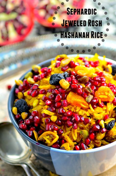 Perfect Rosh Hashanah side dish - The rice is infused with fragrant spices, sweetened with dried apricots, figs and cherries with a nice crunch from pomegranates and pistachios #Rosh Hashanah #rice #side #dish #recipe #kosher #holidays #Jewish #Sephardic #parve #gluten-free Jeweled Rice, Rosh Hashana Recipes, Rosh Hashanah Greetings, Rosh Hashanah Recipes, Jewish Holiday Recipes, Jewish Cuisine, Rice Side, Rice Side Dishes, Passover Recipes