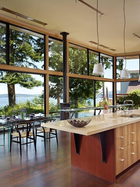 Modern Port Ludlow Residence on Puget Sound Waterfront Homes, Kitchen Decoration, Open Plan Kitchen, Custom Kitchen, Glass Doors, Contemporary Kitchen, Large Windows, A Kitchen, Kitchen Interior