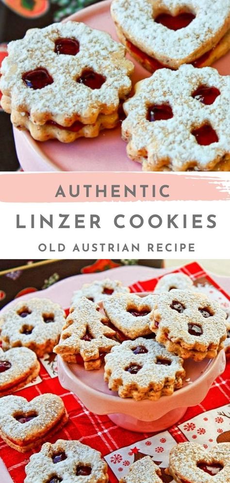 German Linzer Cookies, Austrian Linzer Cookies, Romanian Christmas Cookies, German Linzer Cookies Recipe, Best Linzer Cookies Recipe, Swiss Cookies Recipes, Austrian Christmas Decorations, Austrian Christmas Recipes, Austrian Christmas Cookies