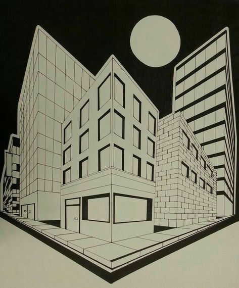 Cityscape Art Drawing, 2 Point Perspective Cityscape, Point Of Perspective Art, City Scape Drawing Perspective, 2 Point Perspective Pictures, One Point Perspective Cityscape, 3point Perspective Drawing, Two Perspective Drawing, City Perspective Drawing