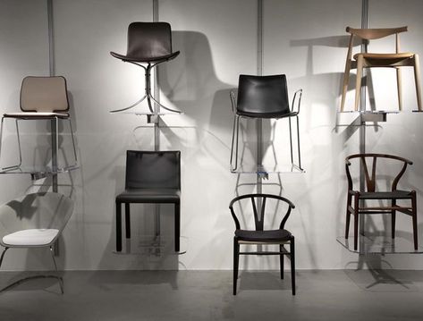 uh yes. Chair On Wall Display, Chairs On Wall Display Shelves, Chair Display Showroom, Architectural Shelving, Chair Exhibition, Chair Display, Chair Showroom, Glass Shelves In Bathroom, Glass Shelves Decor