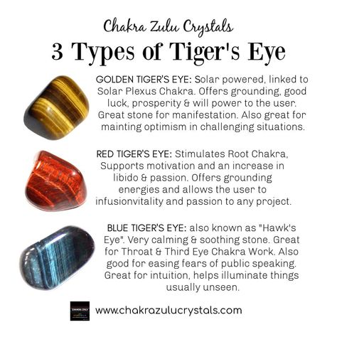 The More You Know!💁🏾‍♀️ How many of you knew about all 3 types of tigers eye? Grand Rising! - . . www.chakrazulucrystals.com . . . . .… Tiger Eye Crystal Meaning, Tiger Eye Stone Meaning, Chakra Stones Chart, Types Of Tigers, Grand Rising, Healing Rocks, Crystal Healing Chart, Eye Meaning, Gold Tiger