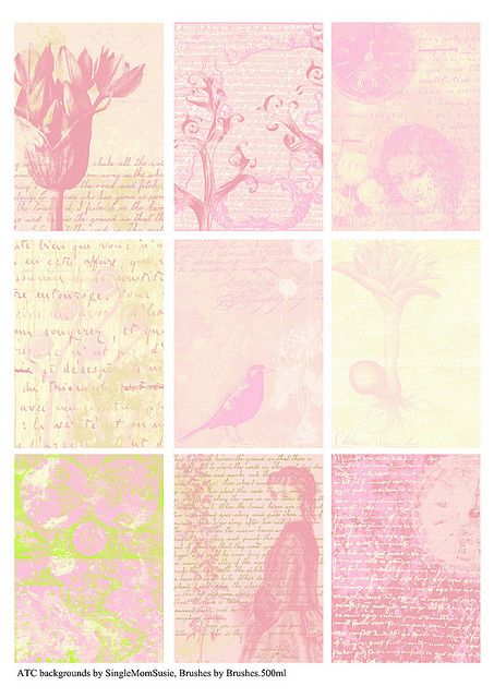 Pink collection, 9 ATC backgrounds, A4 by SingleMomSusie, via Flickr Vintage Labels Printables Free, Pink Scrapbook Paper, Kertas Vintage, Pink Scrapbook, Papel Vintage, Writing Paper Printable Stationery, Scrapbook Printing, Diy Journal Books, Scrapbook Background