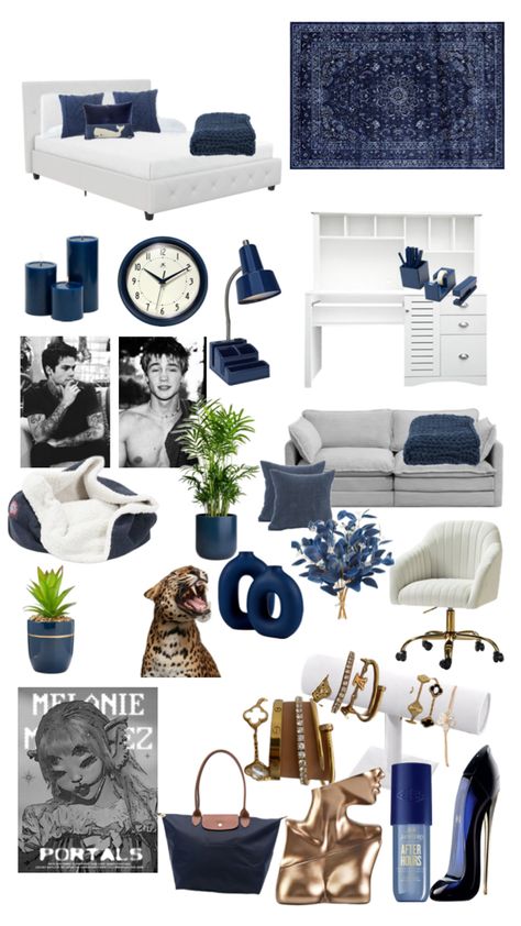 Navy Blue Room Inspiration, Navy Room Decor Aesthetic, Blue White Room Decor, Navy Room Inspiration, Navy Blue And White Room Aesthetic, Clean Girl Room Aesthetic Navy Blue, Dark Blue And White Bedroom Ideas, Navy Blue Aesthetic Living Room, Coastal Granddaughter Apartment