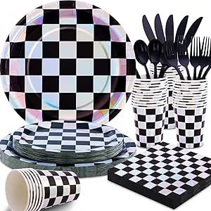 175 Pcs Iridescent Party Decorations, Checkered Plates Serves 25, Black and Iridescent Checker Paper Plates, Napkins, Cups, and Black Plastic Silverware for Birthday, Checkered Party Decorations Checkered Party Decorations, Iridescent Party Decorations, Checkered Party, Checkered Paper, Iridescent Party, Park Birthday, Plastic Silverware, Second Birthday, Black Plastic