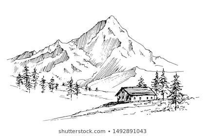 Village Drawing, Mountain Sketch, Mountain Drawing, Nature Art Drawings, Mountain Illustration, Landscape Sketch, Image Nature, Black And White Landscape, Architecture Drawing Art