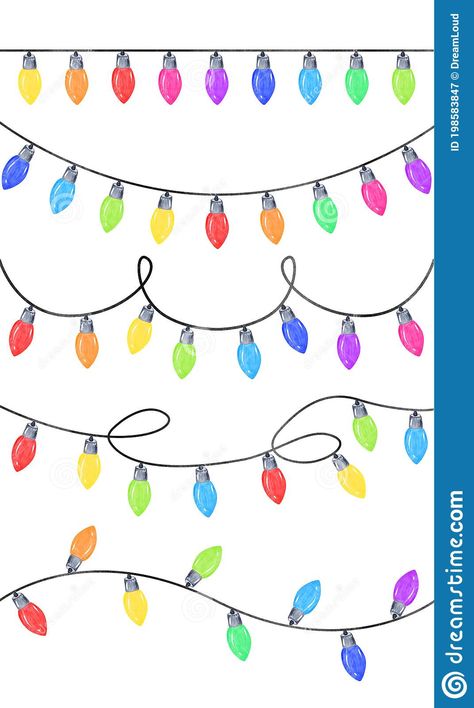 Photo about Watercolor christmas lights set isolated on white background. Various multicolor garlands for cards decoration. Image of hand, cards, decorative - 198583847 Light Bulb Printable, Christmas Lights Drawing, Christmas Lights Clipart, Christmas Lights Background, Christmas Lights Wallpaper, Lights Wallpaper, Vintage Border, Wallpaper Cartoon, Christmas Light Bulbs