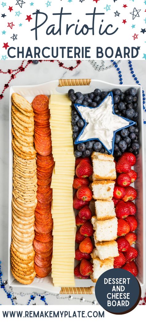 You don't have to spend a bucket of cash to make this show stopping Patriotic Charcuterie Board. This easy to make cheese and dessert board is perfect for parties, cookouts and other gatherings. #charcuterie #charcuterieboard #dessertboard #cheeseboard Fourth Of July Platter Ideas, Patriotic Cheese Board, Easy 4th Of July Charcuterie Board, Fourth Of July Snacks Easy, American Flag Charcuterie Board, Easy Summer Charcuterie Board, Seacuterie Boards, Patriotic Dessert Table, Flag Charcuterie Board