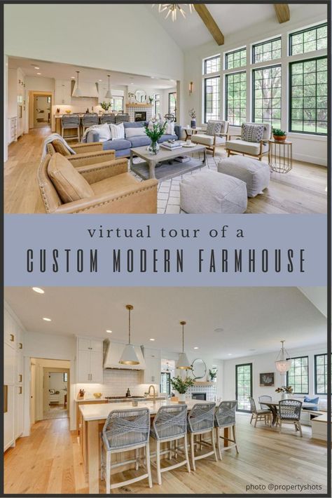 Every wondered what a the interior of a fully custom built modern farmhouse looks like? Come take a virtual tour of one, and bonus, it's for sale! #modernfarmhouse #modernfarmhouseideas #modernfarmhousetour #dreamhouse #housetour #openconcept #floorplanideas #vaultedceiling #whitekitchen #modernfarmhousekitchen #modernfarmhouseliving #modernfarmhousedecor #farmhousedesigns Open Floor Plan Living Room And Kitchen Farmhouse Cathedral Ceilings, Farm Modern Kitchen, Modern Farmhouse Tour, Modern Farmhouse Great Room, Modern Farmhouse Ideas, Farmhouse Style Lighting, Rustic Home Interiors, American Farmhouse, Farmhouse Light Fixtures