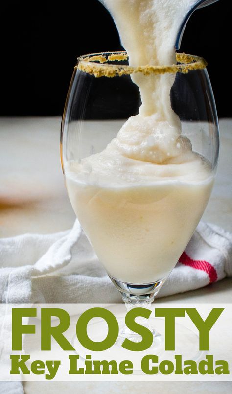 pouring key lime colada into a glass. Key Lime Pina Colada Recipe, Coco Real Cream Of Coconut Drink Recipes, Key Lime Colada Recipe, Coco Lopez Recipes, Lime Drink Recipes, Key Lime Drink, Key Lime Colada, Spiked Drinks, Banana Colada