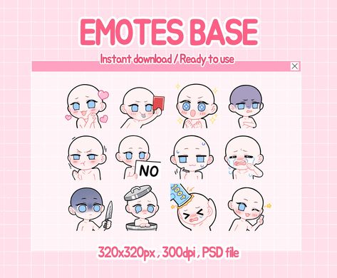 Help you draw your own Twitch/Discord emotes. This file does not include hairs, clothes, accessories, etc. as those are supposed to be drawn by you! diy emotes. You need a program that can open the psd file. size : 320 x 320px, 300dpi and the format is PSD. a zip folder containing 12 PSD files with layers. Personal and commercial use is allowed. Not allowed to resell these bases. I don't accept returns, exchanges or cancellations thank you! Chibi Emotes Base, Emotes Base, Chibi Emotes, Cute Emotes, Drawing Face Expressions, Drawings Tutorials, Emotes Twitch, Chibi Sketch, Discord Emotes